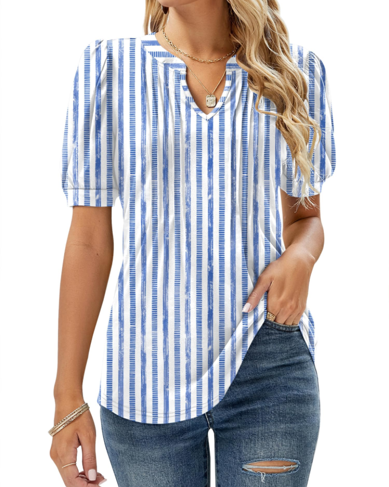 Nina Blouse Women Summer – Floral V-Neck Puff Sleeve & Fluid Cut