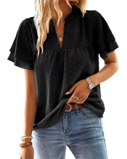 Jiana Blouse Women's Summer – V-Neck Lace Crochet & Ruffled Sleeves