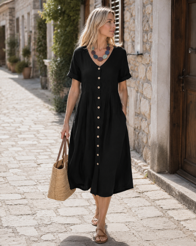 Glaiza Women's Maxi Linen Dress – V-Neck, Buttoned, Short Sleeves Plus Size Summer