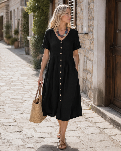 Glaiza Women's Maxi Linen Dress – V-Neck, Buttoned, Short Sleeves Plus Size Summer