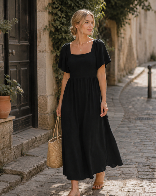 Patricia Women's Maxi Dress – Square Neck, Flowing A-Line Cut, Batwing Sleeves for Summer