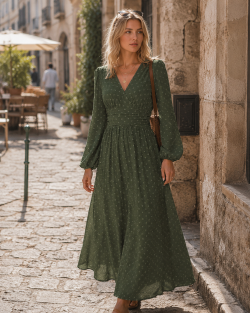 Tierra Women's Polka Dot Dress – A-Line Cut, V-Neck, Elegant High-Waisted Pleats