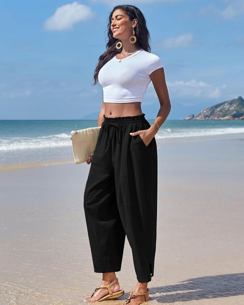 Crystal Women's Harem Pants – Wide Cut, High Elastic Waist, Light Casual