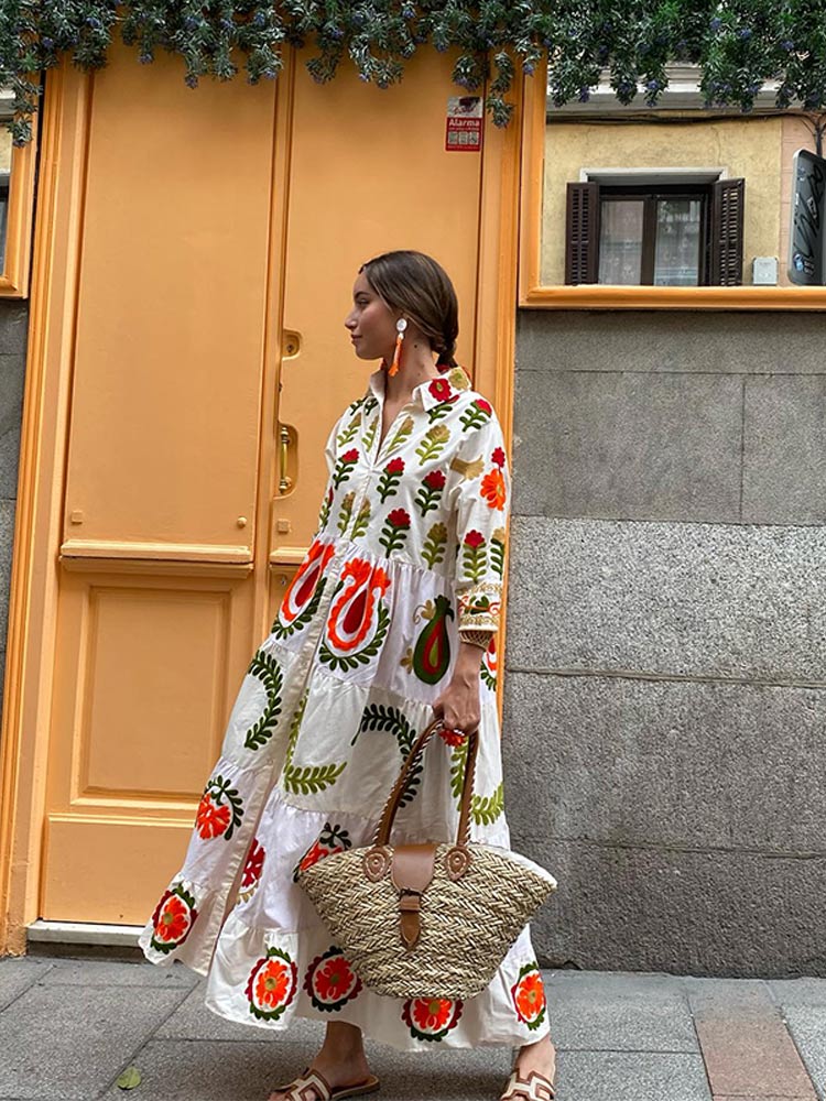 Celia Maxi Dress for Women – Long Cotton Dress with Bohemian Embroidery & Colorful Details