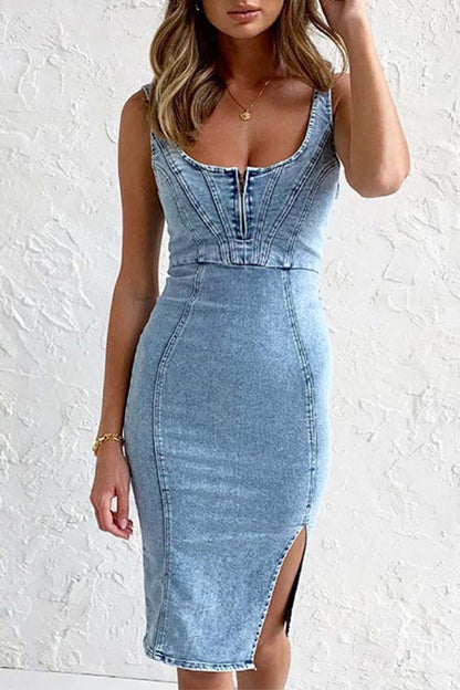 Robe en Jean Femme Reah – Robe Midi en Denim avec Fermeture Éclair, Fente & Finition Tendance