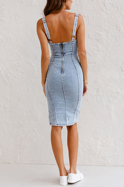 Robe en Jean Femme Reah – Robe Midi en Denim avec Fermeture Éclair, Fente & Finition Tendance