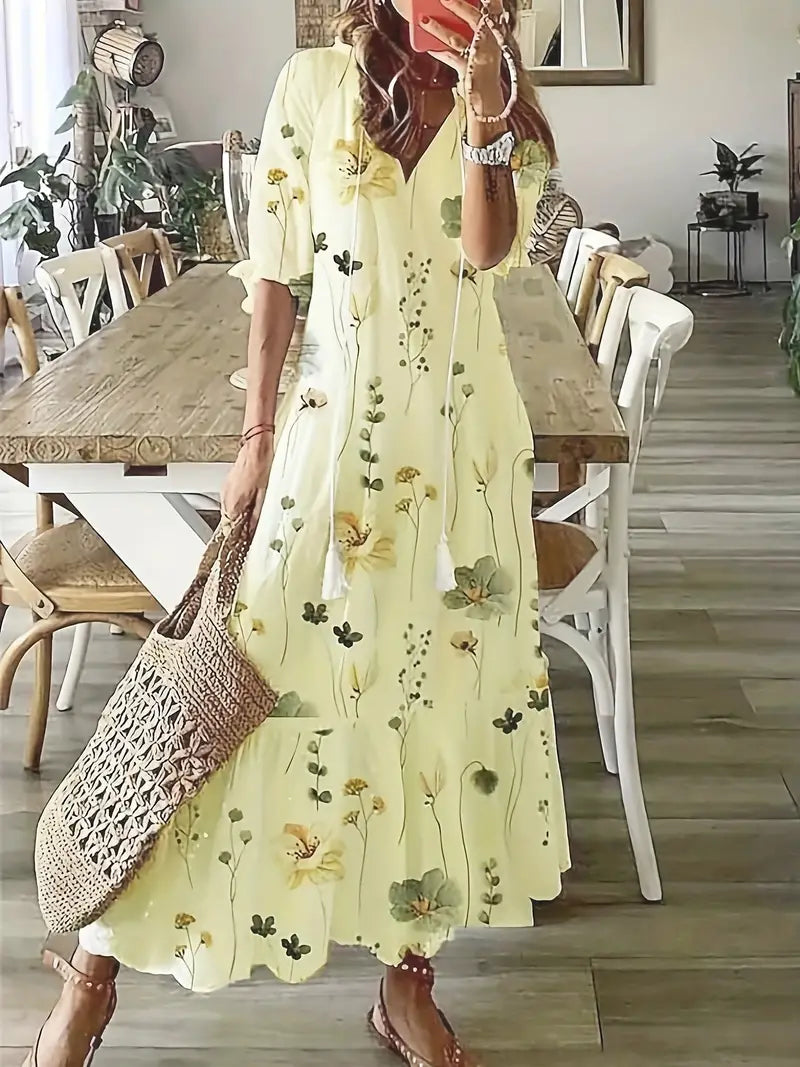 Bohemian Women's Charm Dress – Elegant Summer Dress with Ruffles, V-Neck & Ikat Pattern