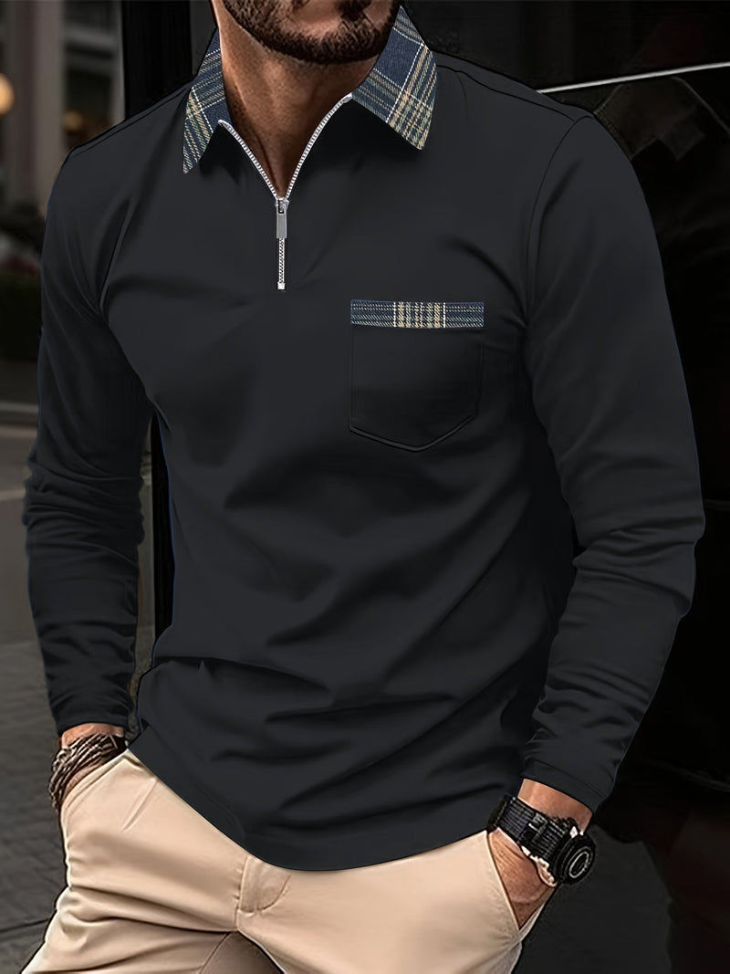 Frank Long Sleeve Polo – Zip Collar & Check Pattern, Elegance and Comfort for Men