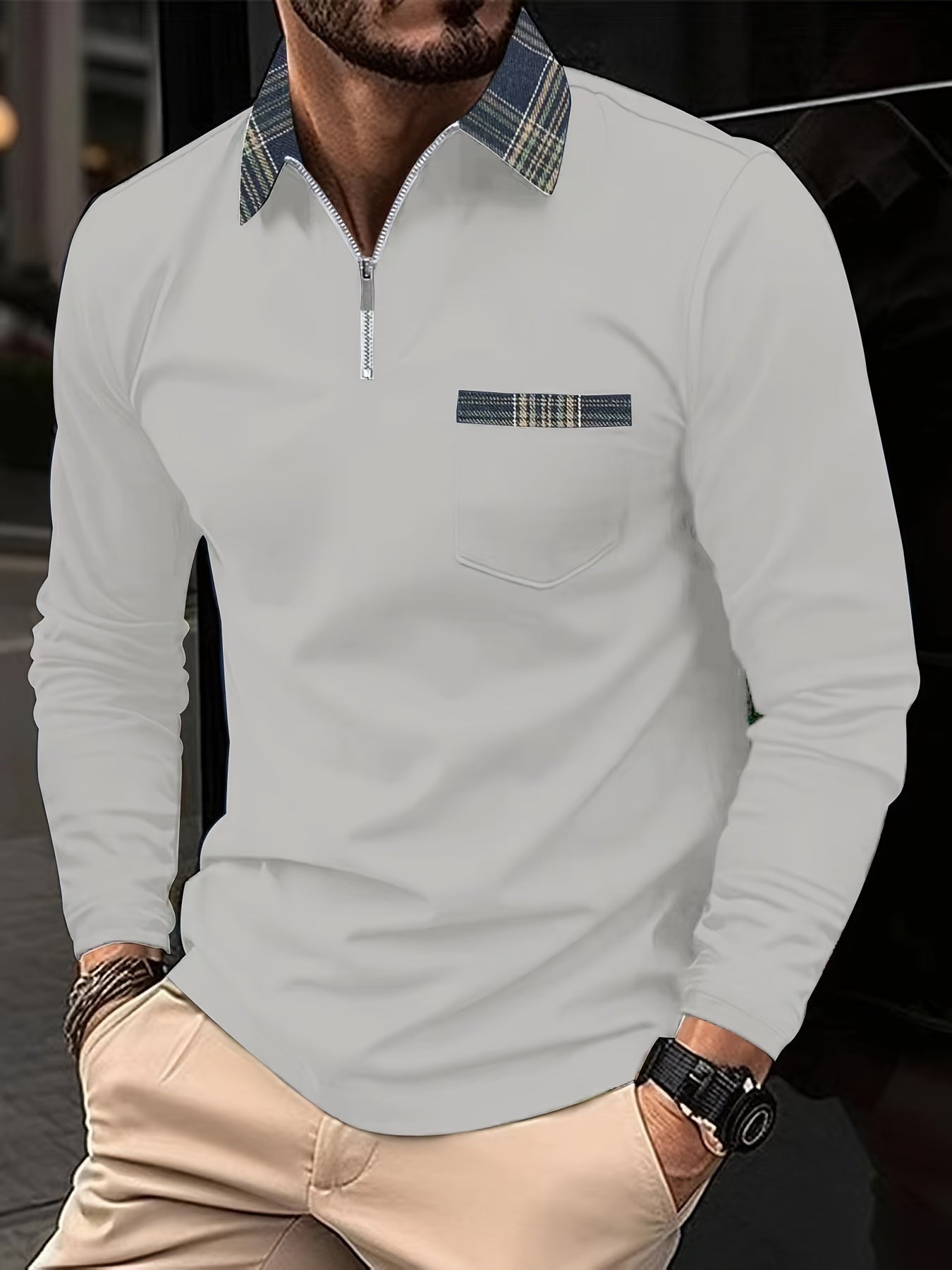 Frank Polo Manches Longues – Col Zippé & Motif Carreaux, Élégance et Confort Homme