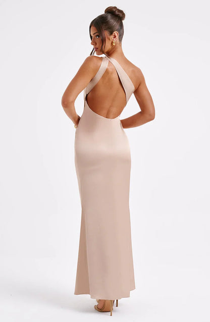 Clara Robe Longue en Satin Femme – Asymétrique, Cintrée & Élégance Minimaliste