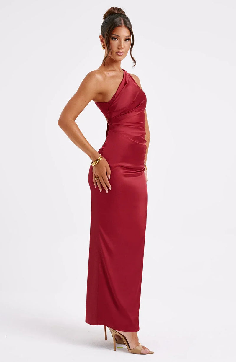 Clara Long Satin Dress for Women – Asymmetrical, Fitted & Minimalist Elegance