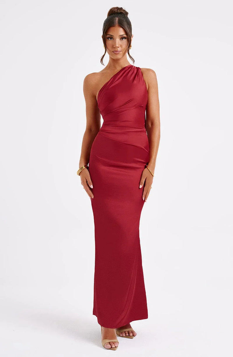 Clara Long Satin Dress for Women – Asymmetrical, Fitted & Minimalist Elegance