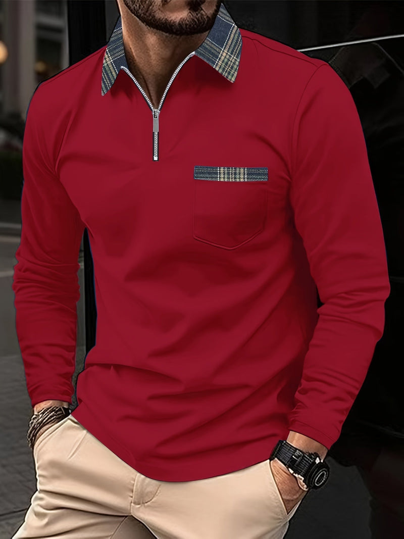 Frank Long Sleeve Polo – Zip Collar & Check Pattern, Elegance and Comfort for Men