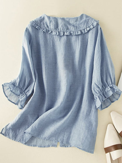 Jillian Blouse Women – Loose Cotton-Linen Shirt with Chic Ruffled Peter Pan Collar