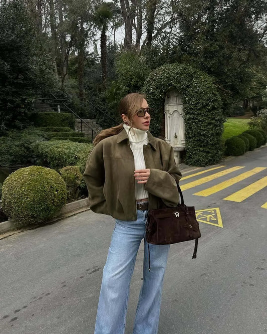 Isla Veste Femme en Daim – Blouson Oversize Élégant avec Coupe Moderne & Confort Doux