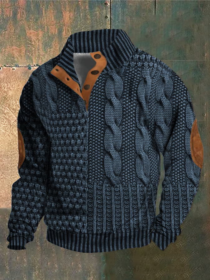 Ramon Men's Cable Knit Sweater – Autumn High Collar Buttoned Soft Knit Sweater
