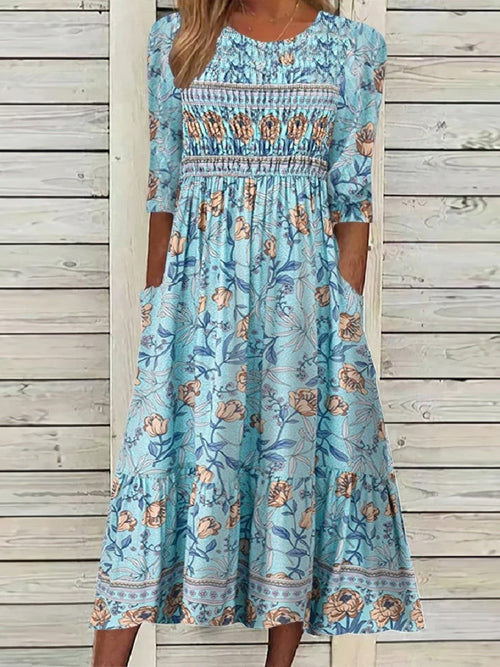 Freya Robe Midi Femme – Imprimé Fleurs Graphiques & Coupe Élégante et Confortable