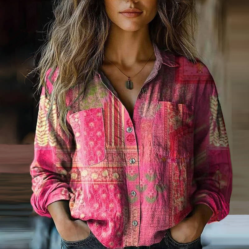 Mira Vintage Blouse for Women – Airy Blouse with Ethnic Print, Classic Collar & Long Sleeves