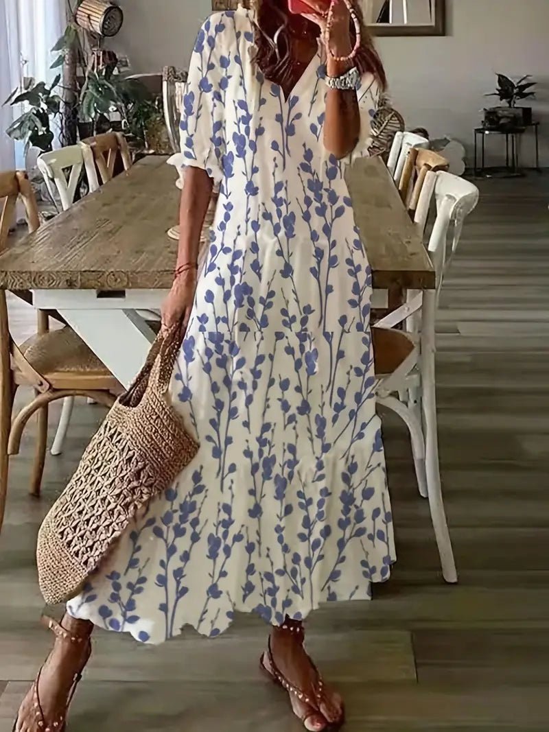 Bohemian Women's Charm Dress – Elegant Summer Dress with Ruffles, V-Neck & Ikat Pattern