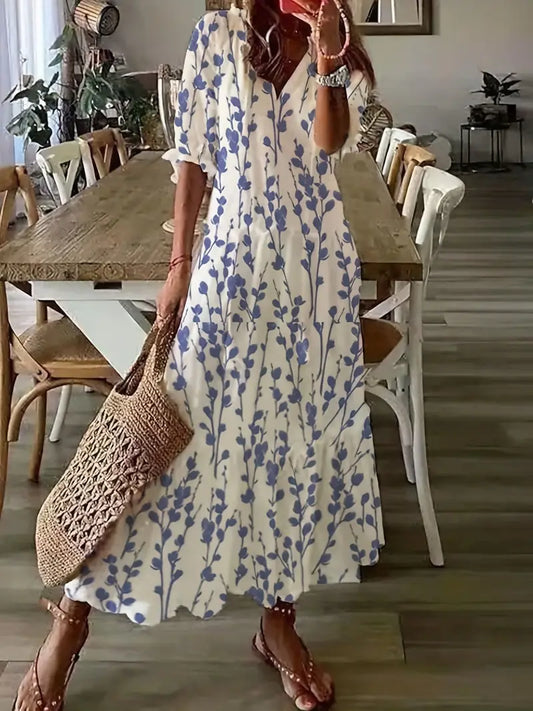 Bohemian Women's Charm Dress – Elegant Summer Dress with Ruffles, V-Neck & Ikat Pattern