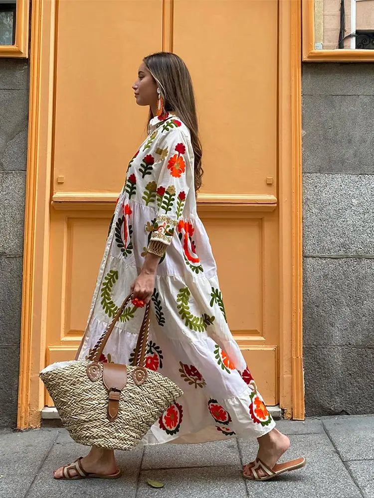 Celia Robe Maxi Femme – Longue Robe en Coton avec Broderies Bohèmes & Détails Colorés