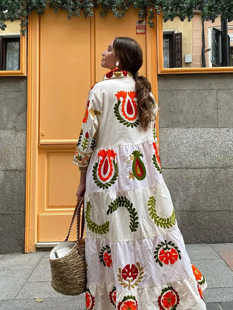 Celia Robe Maxi Femme – Longue Robe en Coton avec Broderies Bohèmes & Détails Colorés