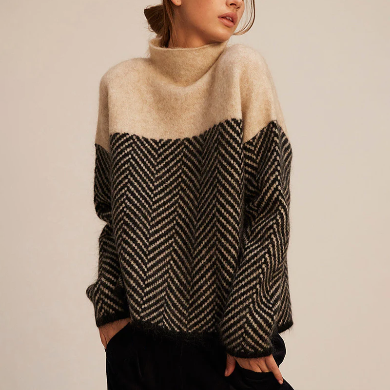 Arla Women's Turtleneck Sweater – Warm Cashmere Sweater with Loose Fit and Trendy Chevron Pattern