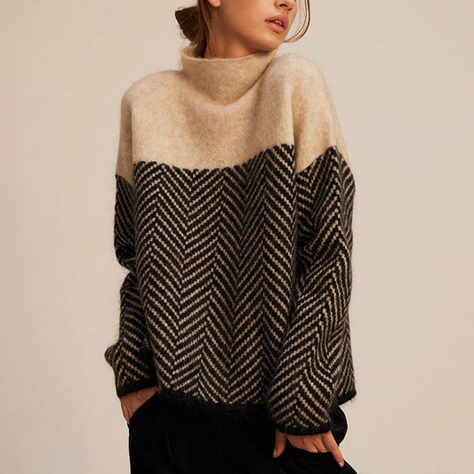 Arla Women's Turtleneck Sweater – Warm Cashmere Sweater with Loose Fit and Trendy Chevron Pattern