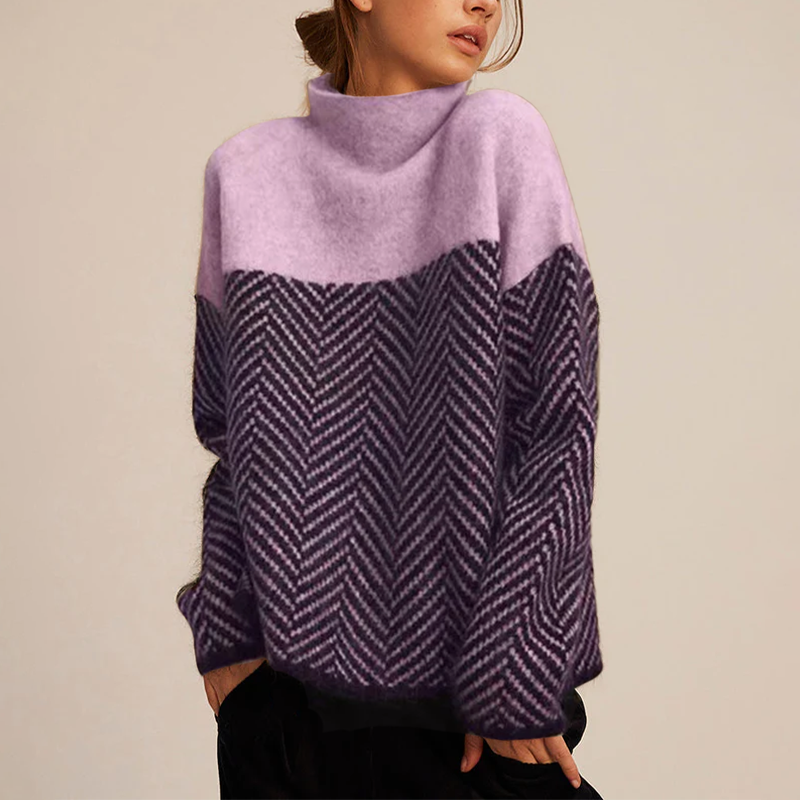 Arla Women's Turtleneck Sweater – Warm Cashmere Sweater with Loose Fit and Trendy Chevron Pattern