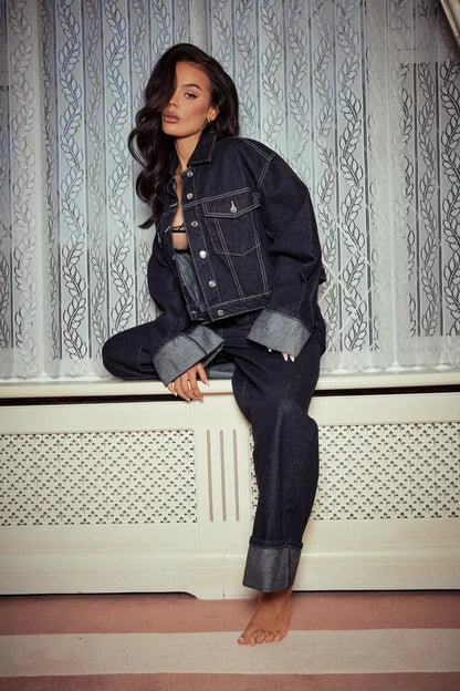 Bea Ensemble Denim Femme – Veste Courte & Jean Large à Revers Contrastés pour un Look Tendance