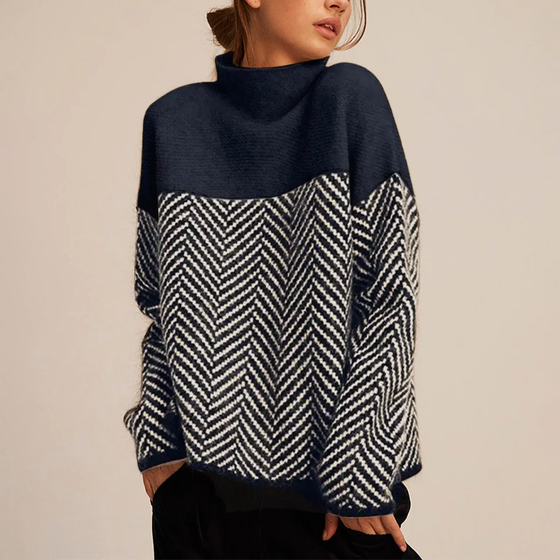 Arla Women's Turtleneck Sweater – Warm Cashmere Sweater with Loose Fit and Trendy Chevron Pattern