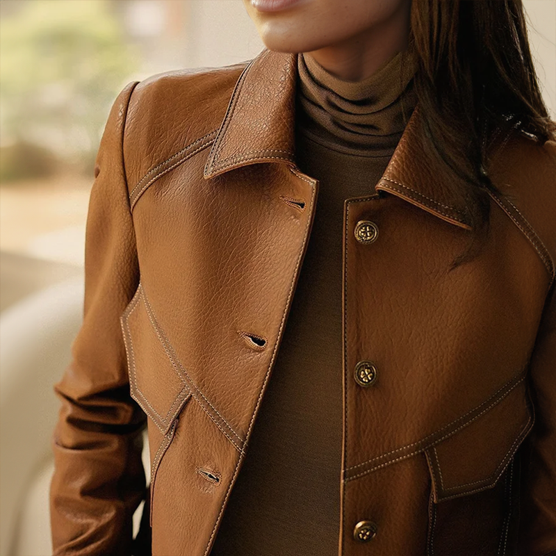 Anita Veste Femme en Cuir – Élégante, Douce & Sophistiquée avec Col Distinctif et Poches