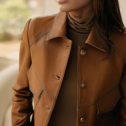 Anita Veste Femme en Cuir – Élégante, Douce & Sophistiquée avec Col Distinctif et Poches