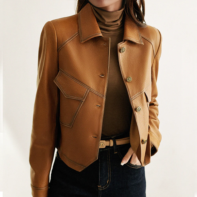 Anita Women's Leather Jacket – Elegant, Soft & Sophisticated with Distinctive Collar and Pockets