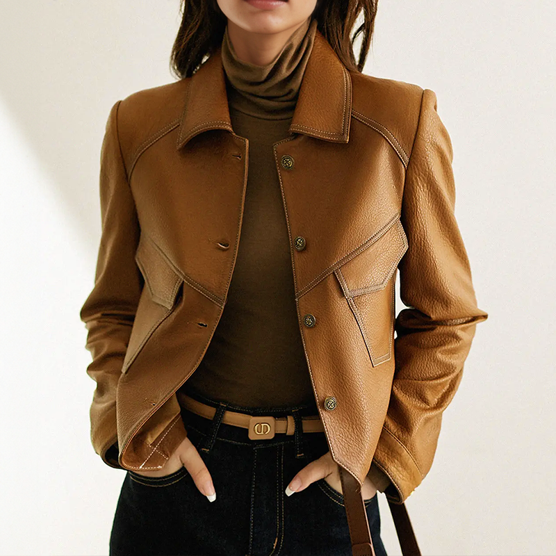 Anita Women's Leather Jacket – Elegant, Soft & Sophisticated with Distinctive Collar and Pockets