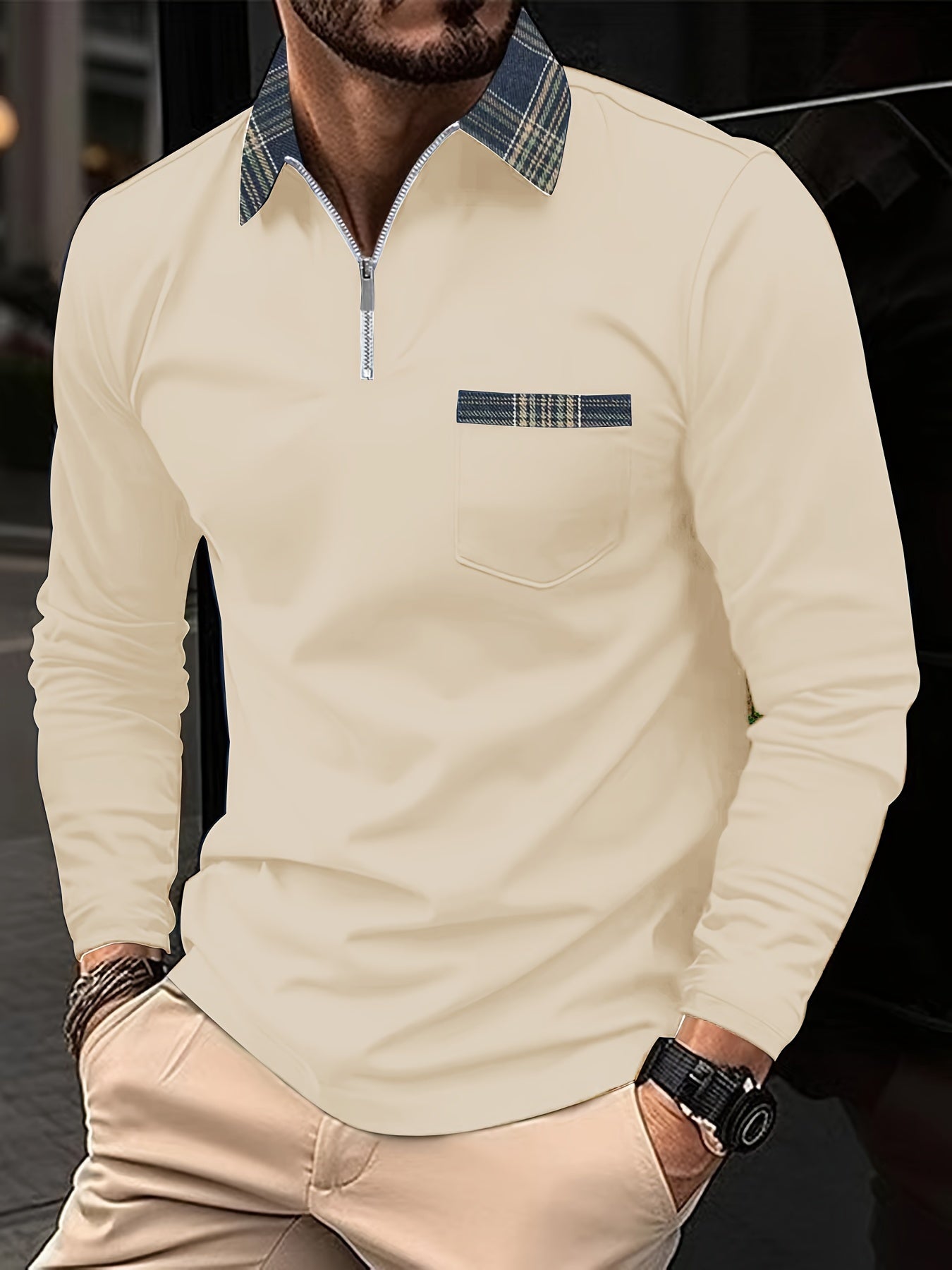 Frank Polo Manches Longues – Col Zippé & Motif Carreaux, Élégance et Confort Homme