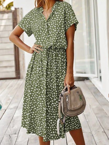 Ulvienne Robe d’Été Femme – Robe Midi à Manches Courtes avec Ceinture à la Taille & Imprimé Tendance