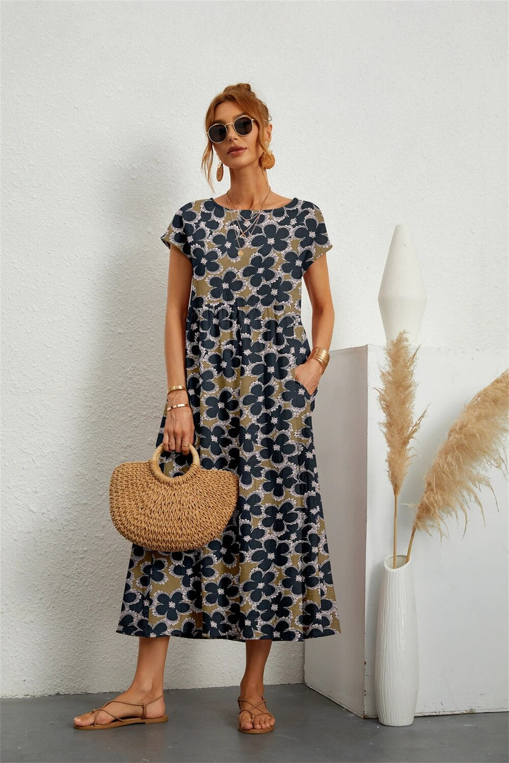 Henrielle Robe Midi Femme – Imprimé Fleuri Élégant, Manches Courtes & Coupe Confortable