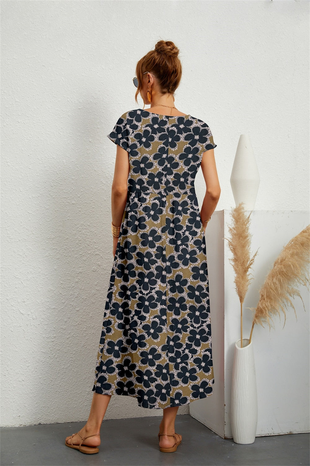 Henrielle Robe Midi Femme – Imprimé Fleuri Élégant, Manches Courtes & Coupe Confortable