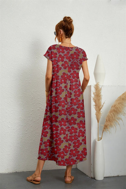 Henrielle Robe Midi Femme – Imprimé Fleuri Élégant, Manches Courtes & Coupe Confortable