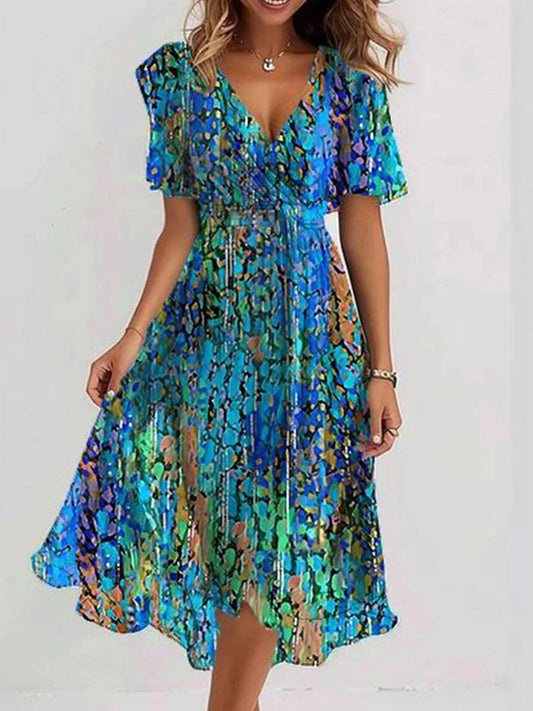 Kalea Robe Midi Femme – Robe Bleue à Manches Courtes, Col V & Coupe Élégante