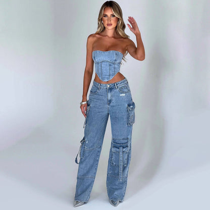 Jutta Jean Cargo Femme – Pantalon Taille Haute avec Poches Utilitaires & Coupe Décontractée
