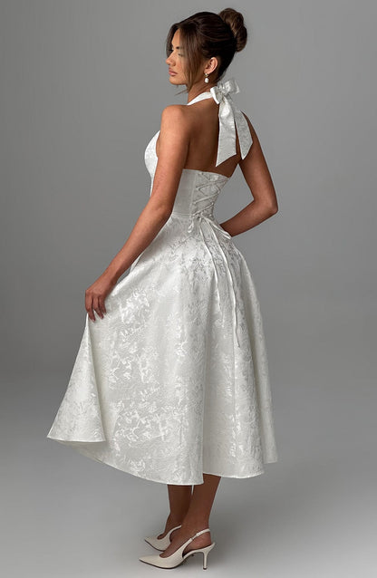 Iris Robe Midi Femme – Robe Dos Nu en Jacquard Floral avec Corsage Ajusté & Jupe Évasée