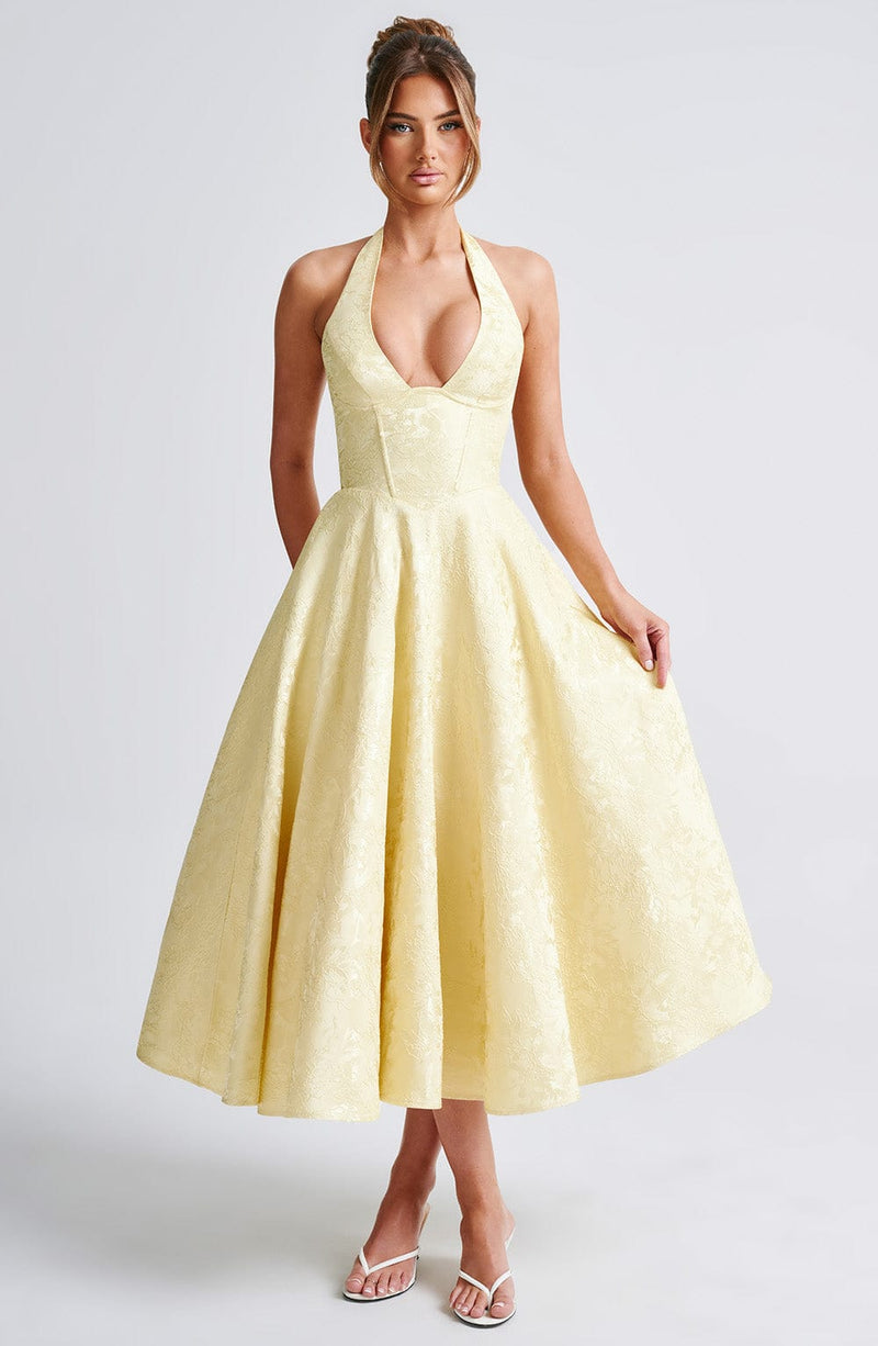 Iris Midi Dress for Women – Floral Jacquard Backless Dress with Fitted Bodice & Flared Skirt