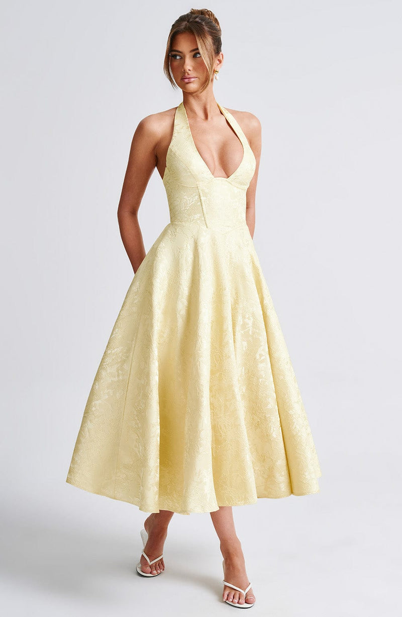 Iris Midi Dress for Women – Floral Jacquard Backless Dress with Fitted Bodice & Flared Skirt