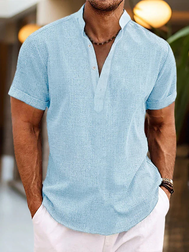 Silas Men's Linen Shirt – Breathable Summer Shirt with Henley Collar & Short Sleeves
