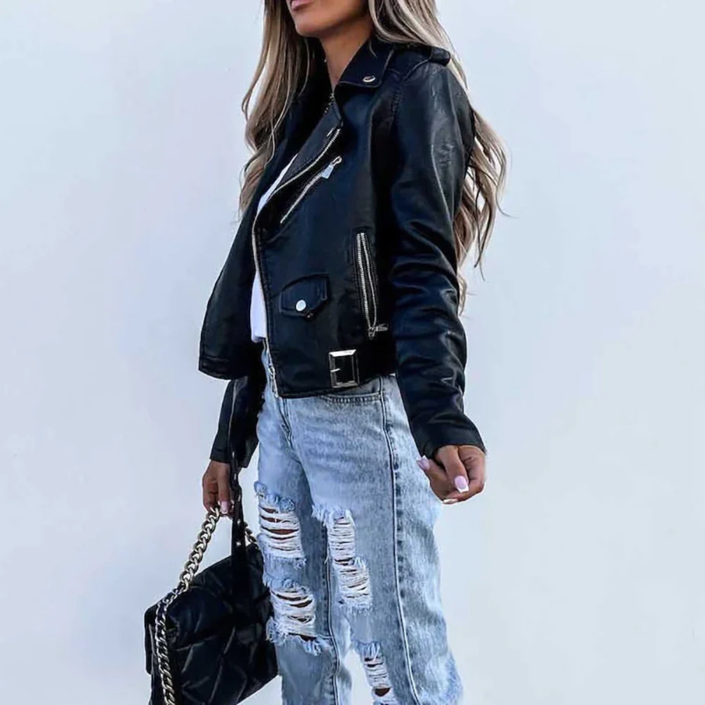 Eva Veste en Cuir Femme – Cuir de Luxe avec Col Montant, Ceinture & Design Élégant