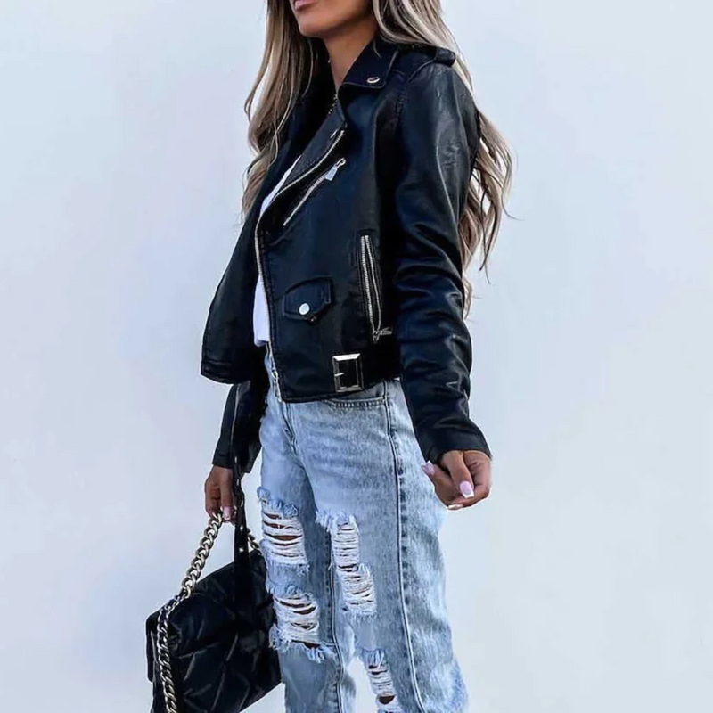 Eva Women's Leather Jacket – Luxury Leather with High Collar, Belt & Elegant Design