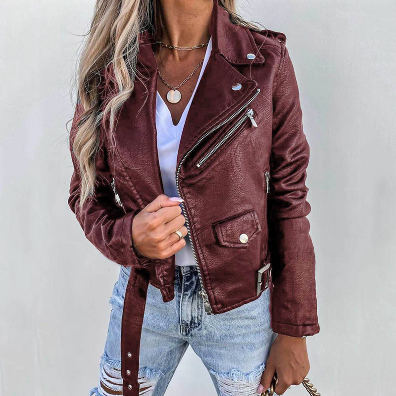 Eva Women's Leather Jacket – Luxury Leather with High Collar, Belt & Elegant Design