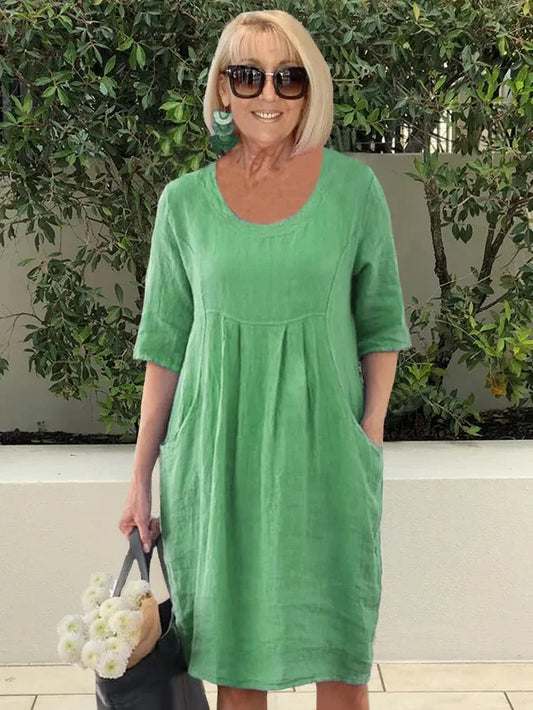 Dorothy Robe Femme – Tunique Midi en Coton-Lin Unie avec Poches Pratiques & Style Décontracté